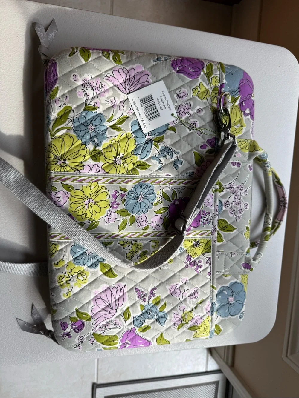 Vera Bradley Quilted Floral Laptop Tote in Purple, Blue, Green, Yellow, Cream